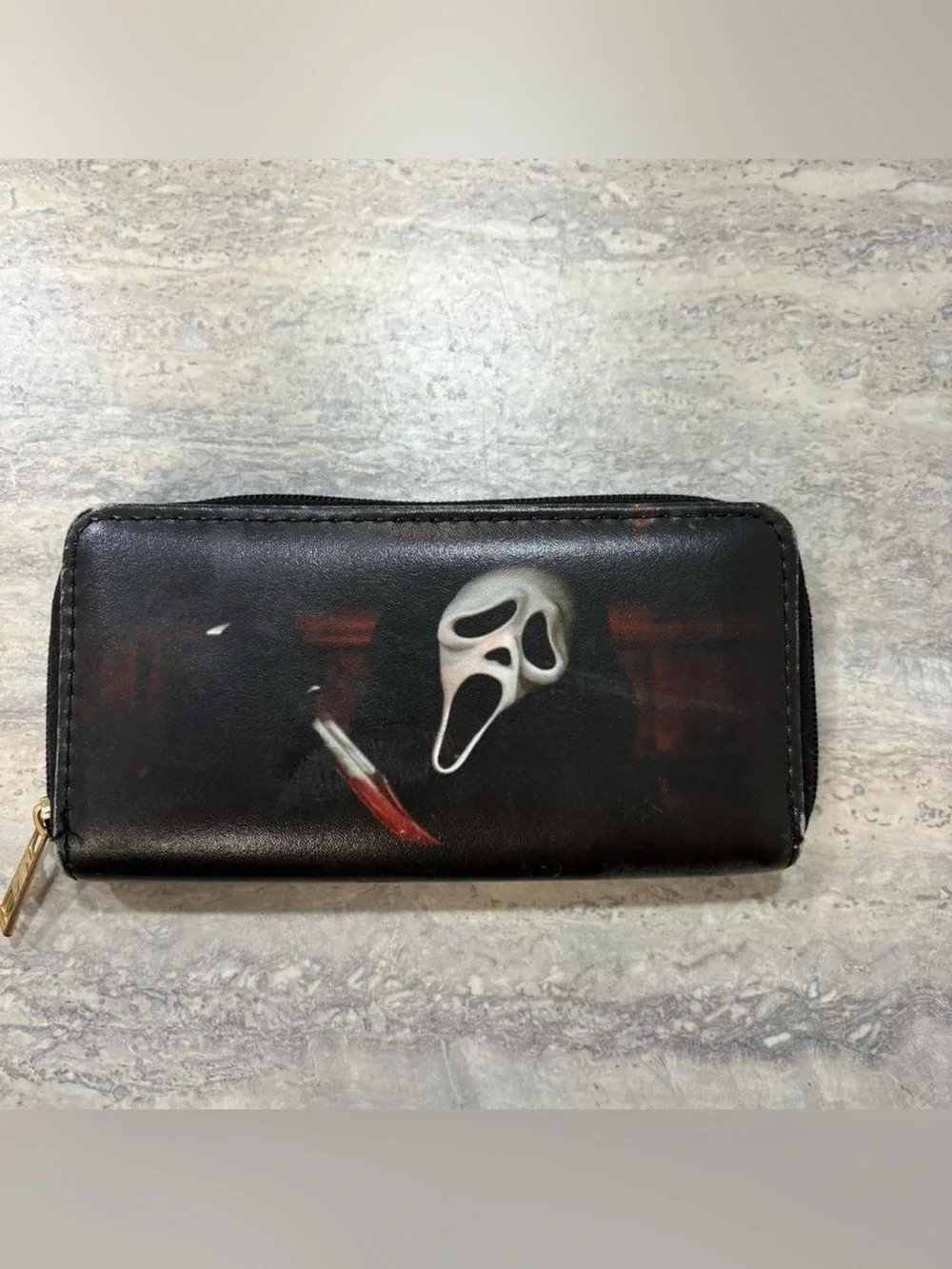 Black Graphic Zip-Around Wallet with Masked Scream Design